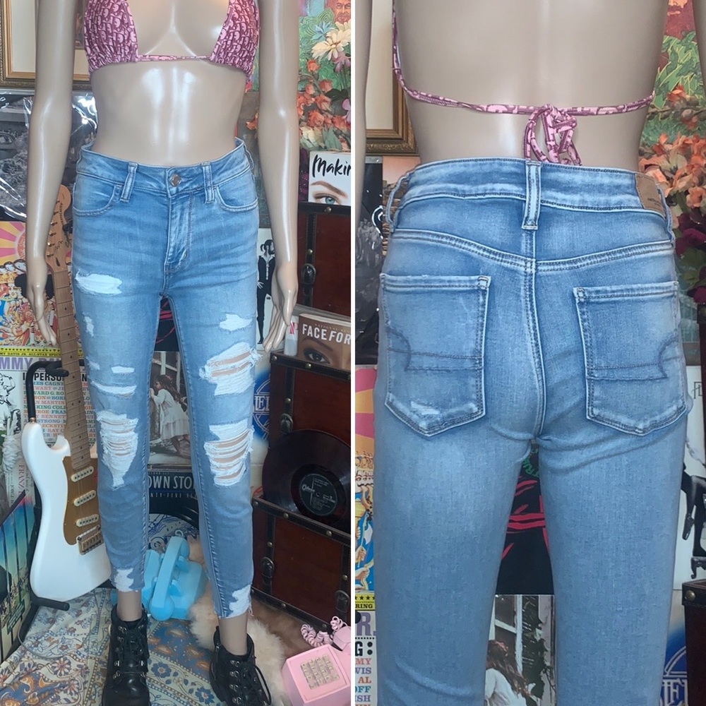 Women’s 4 AMERICAN EAGLE distressed holes skinny super stretch x ankle jeans